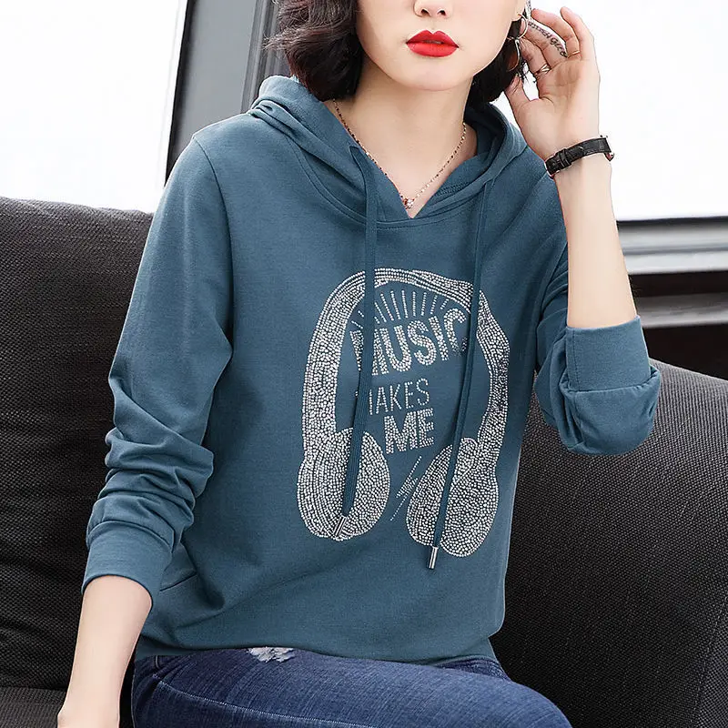 Women Hooded Sweatshirt Music Print Blue Medium - Image 5
