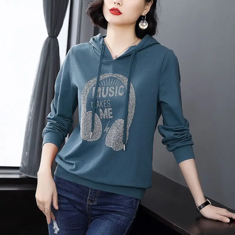 Women Hooded Sweatshirt Music Print Blue Medium - Image 7