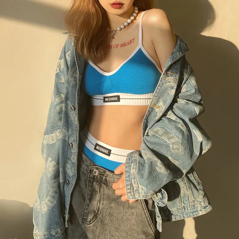 2020 Women's Blue Navel-Baring Bra Top Set