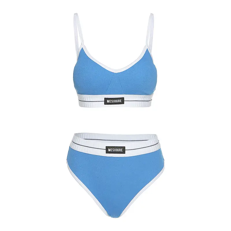 2020 Women's Blue Navel-Baring Bra Top Set