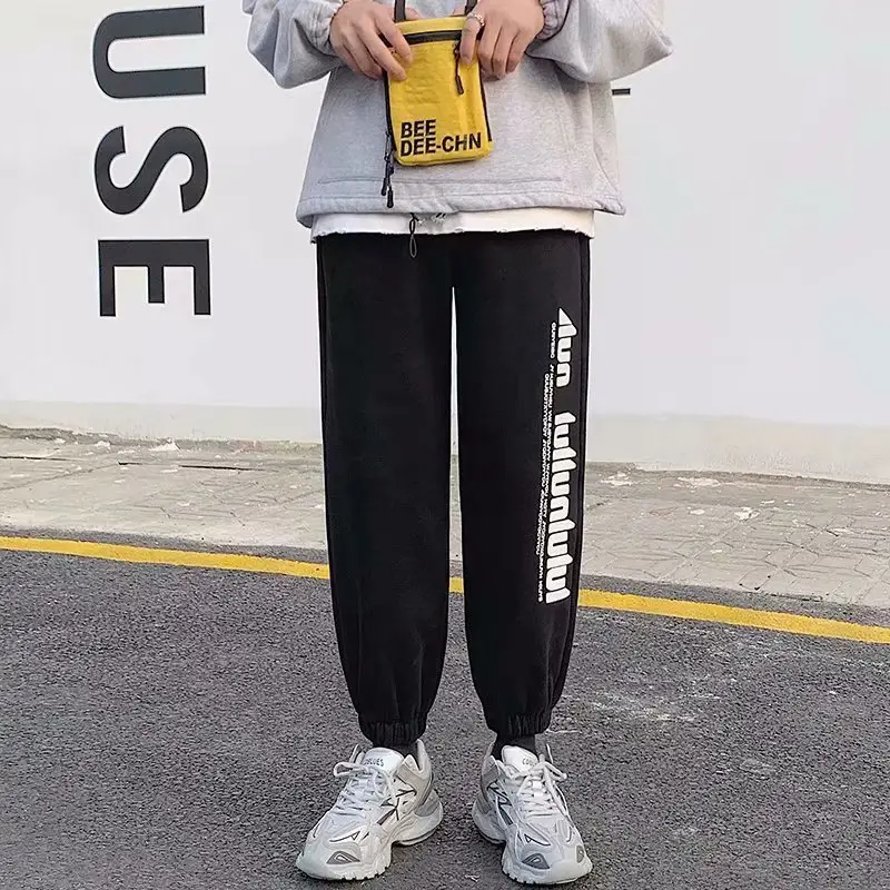 Men Fleece Sweatpants Black White Korean Style Loose Casual - Image 3
