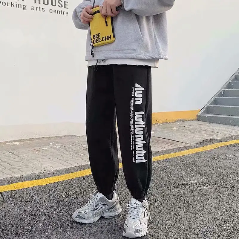Men Fleece Sweatpants Black White Korean Style Loose Casual - Image 4