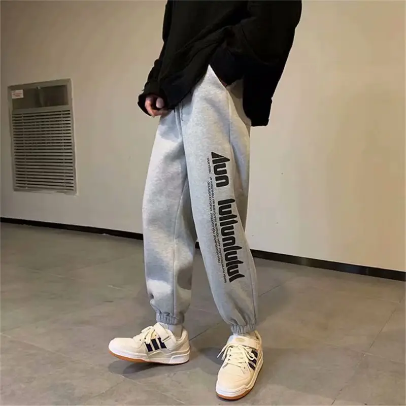 Men Fleece Sweatpants Black White Korean Style Loose Casual - Image 5