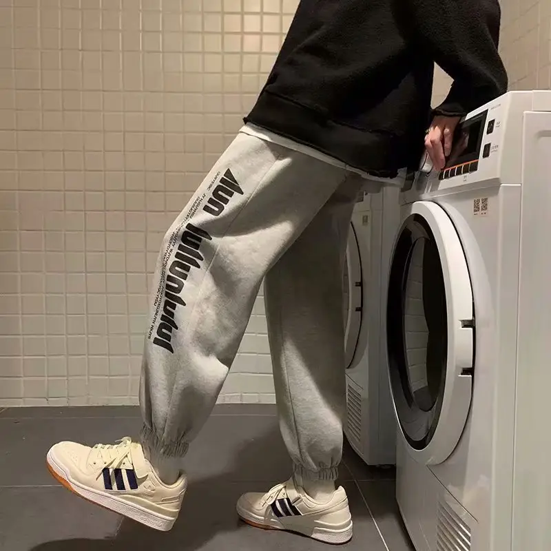 Men Fleece Sweatpants Black White Korean Style Loose Casual - Image 6