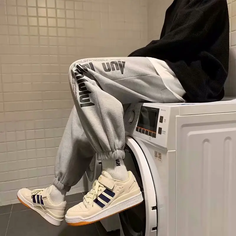 Men Fleece Sweatpants Black White Korean Style Loose Casual - Image 7