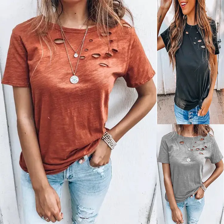 Women's Black T-Shirt Round Neck Hole Loose Casual Summer - Image 3