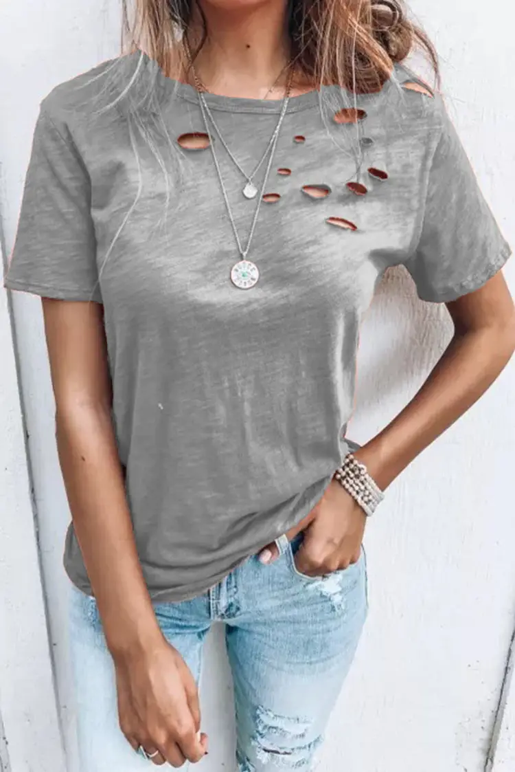 Women's Black T-Shirt Round Neck Hole Loose Casual Summer - Image 5