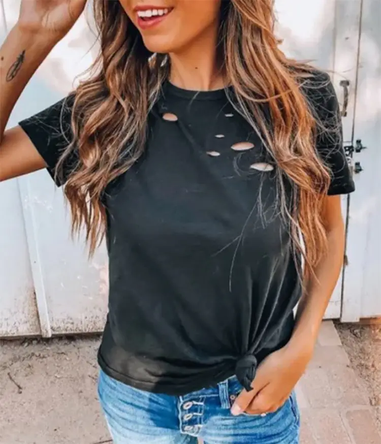 Women's Black T-Shirt Round Neck Hole Loose Casual Summer - Image 6