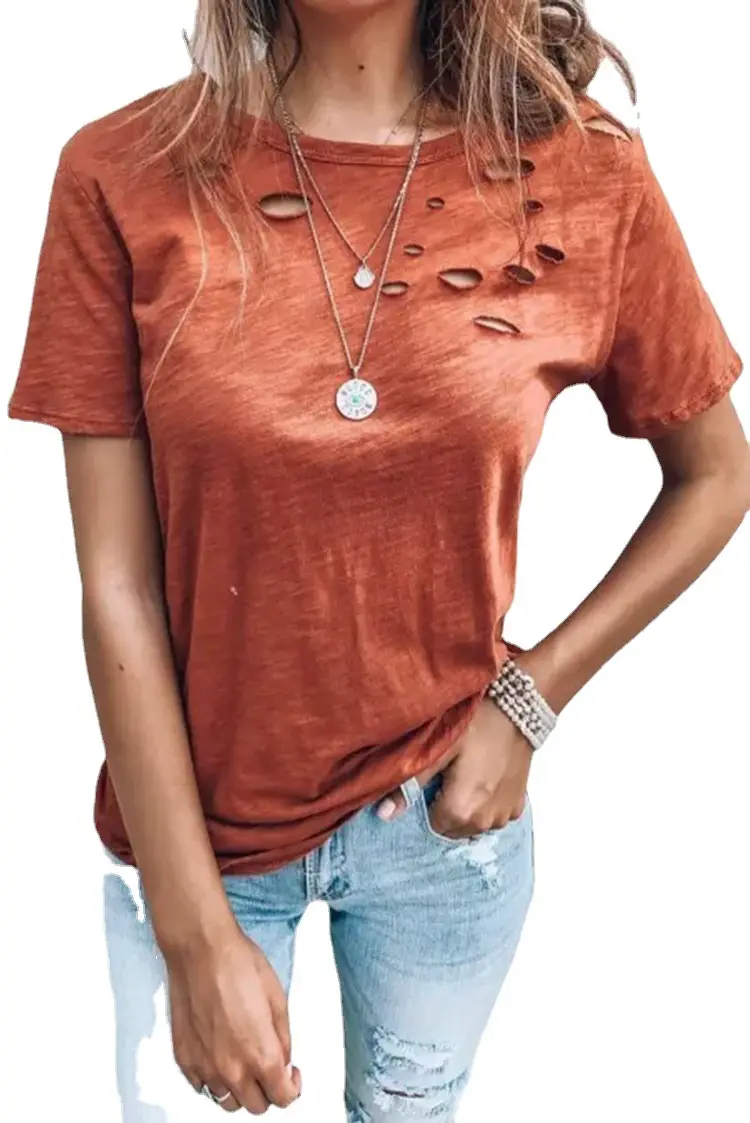 Women's Black T-Shirt Round Neck Hole Loose Casual Summer - Image 7