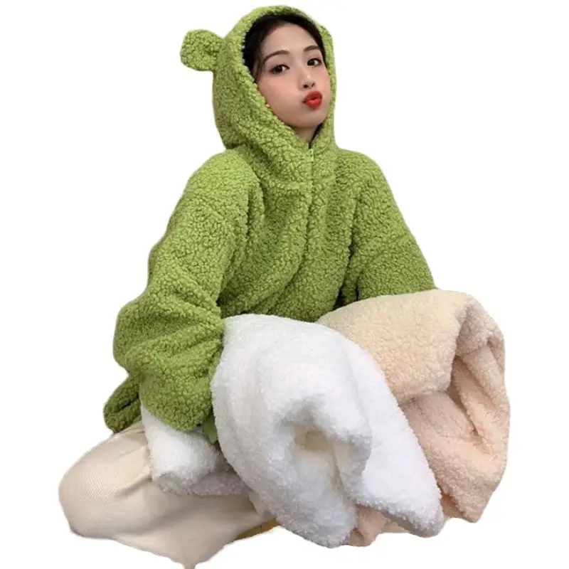 Korean Hooded Jacket 300g Wool Winter Coat Solid Cream