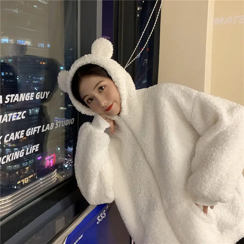 Korean Hooded Jacket 300g Wool Winter Coat Solid Cream