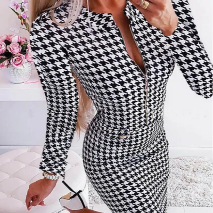 2021 Houndstooth Long Sleeve Skirt Dress - Image 2