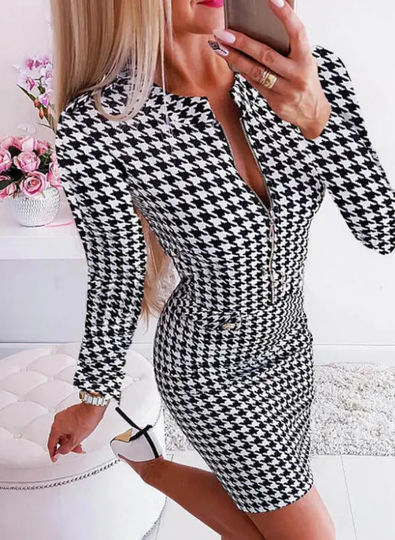 2021 Houndstooth Long Sleeve Skirt Dress — feature 2