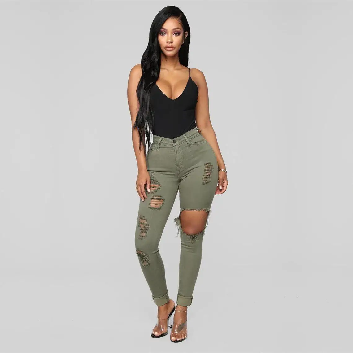 Women's Red Top & White Knee-Ripped Jeans Set Large - Image 6