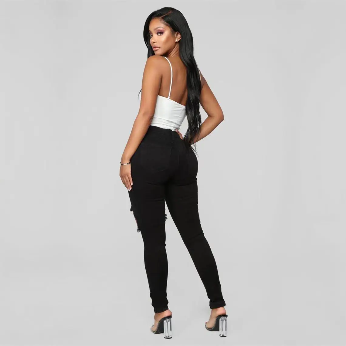 Women's Red Top & White Knee-Ripped Jeans Set Large — feature 13