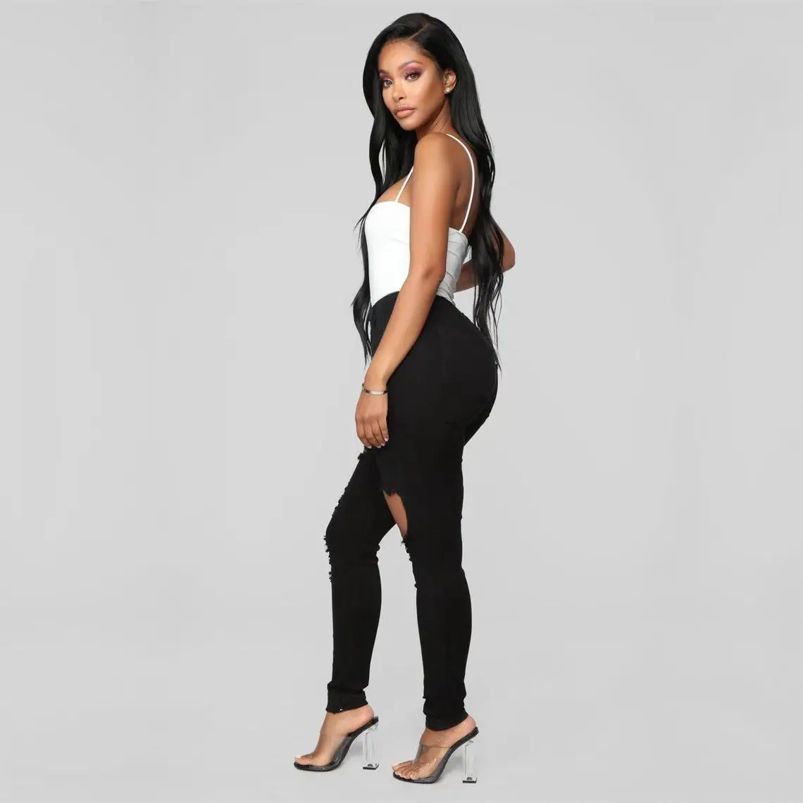 Women's Red Top & White Knee-Ripped Jeans Set Large — feature 14