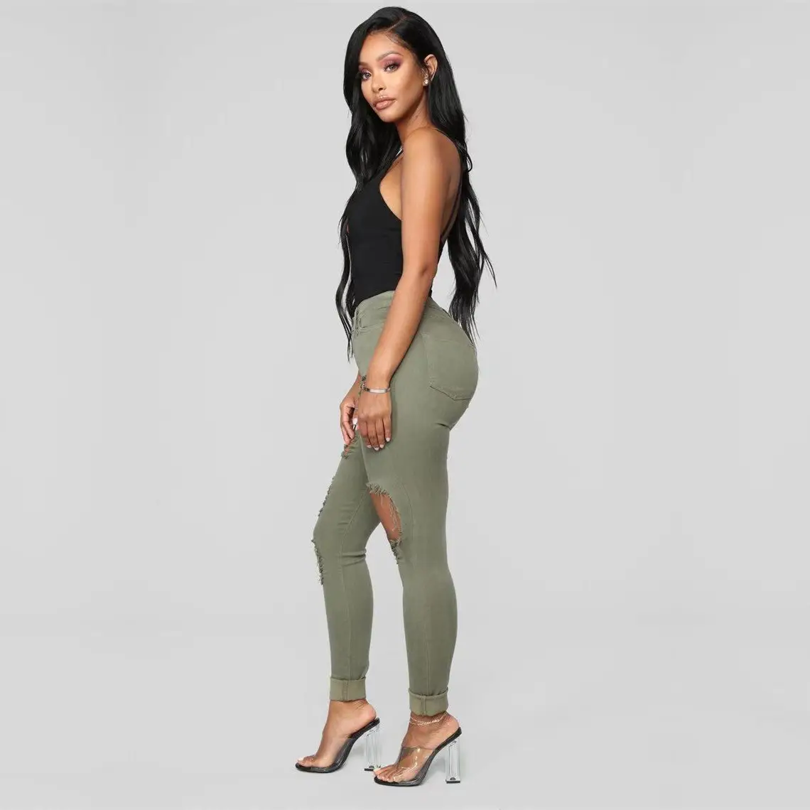 Women's Red Top & White Knee-Ripped Jeans Set Large — feature 2