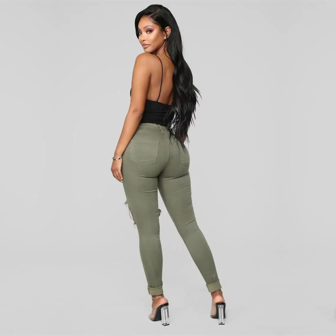 Women's Red Top & White Knee-Ripped Jeans Set Large — feature 3