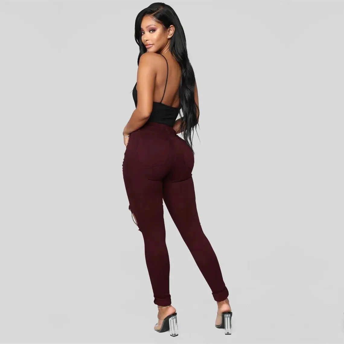 Women's Red Top & White Knee-Ripped Jeans Set Large — feature 5
