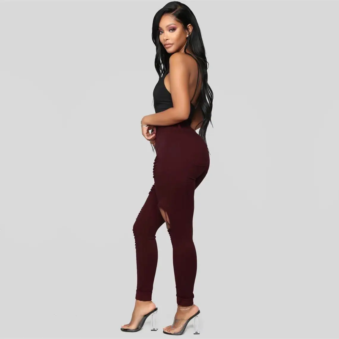 Women's Red Top & White Knee-Ripped Jeans Set Large — feature 6