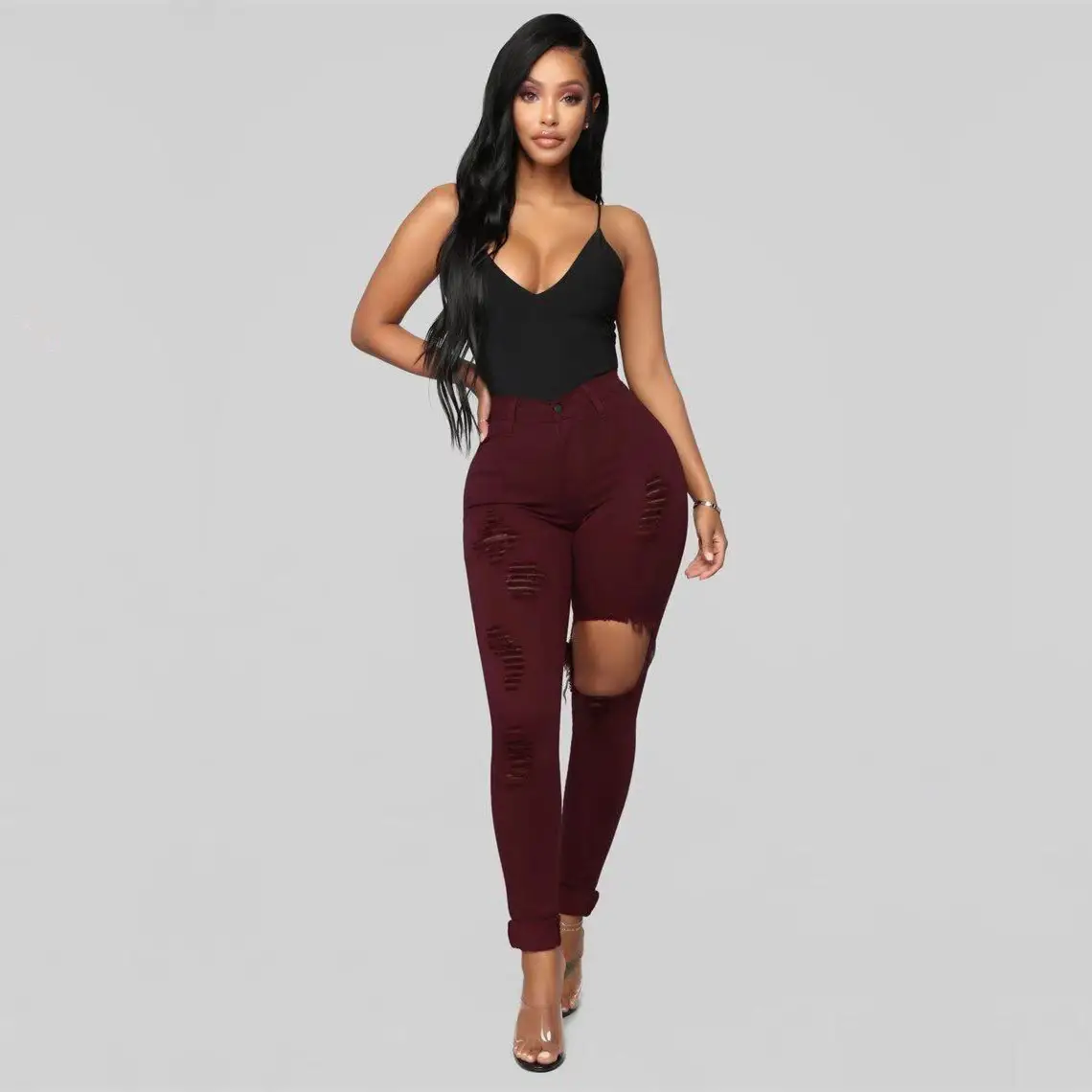 Women's Red Top & White Knee-Ripped Jeans Set Large — feature 7