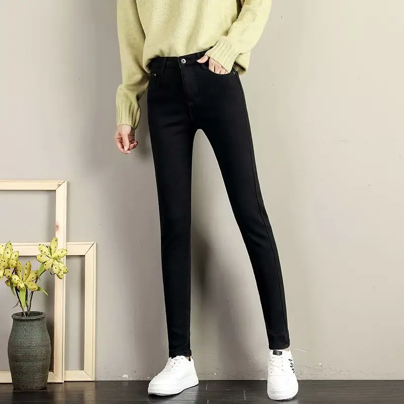 Women Slim Fitting Skinny Jeans Black Winter Warm - Image 3