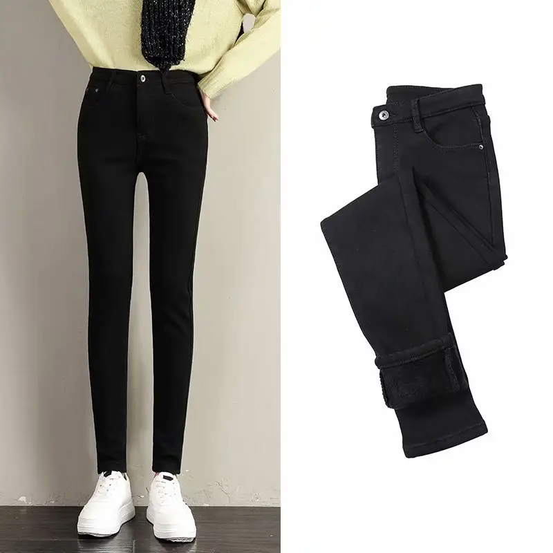 Women Slim Fitting Skinny Jeans Black Winter Warm - Image 5