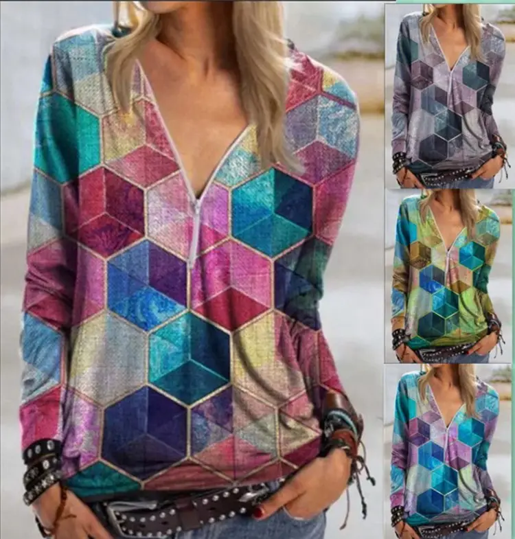 2021 Geometric Rubik's Print V-Neck Zipper Shirt for Women - Image 5