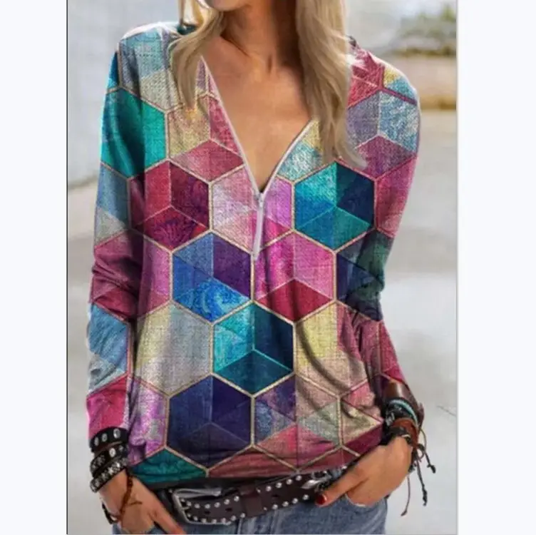 2021 Geometric Rubik's Print V-Neck Zipper Shirt for Women - Image 8