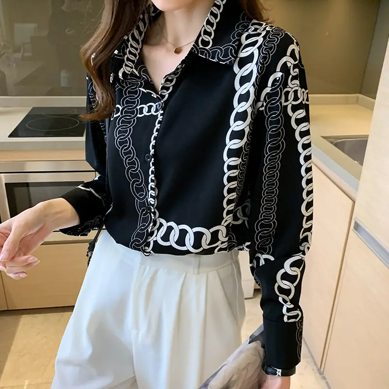 French Style Black Chiffon Long Sleeve Shirt with White Chain Print - Image 4