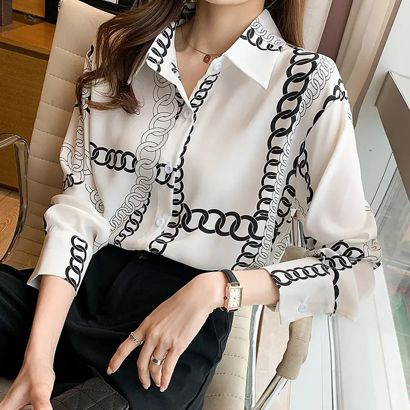 French Style Black Chiffon Long Sleeve Shirt with White Chain Print - Image 5
