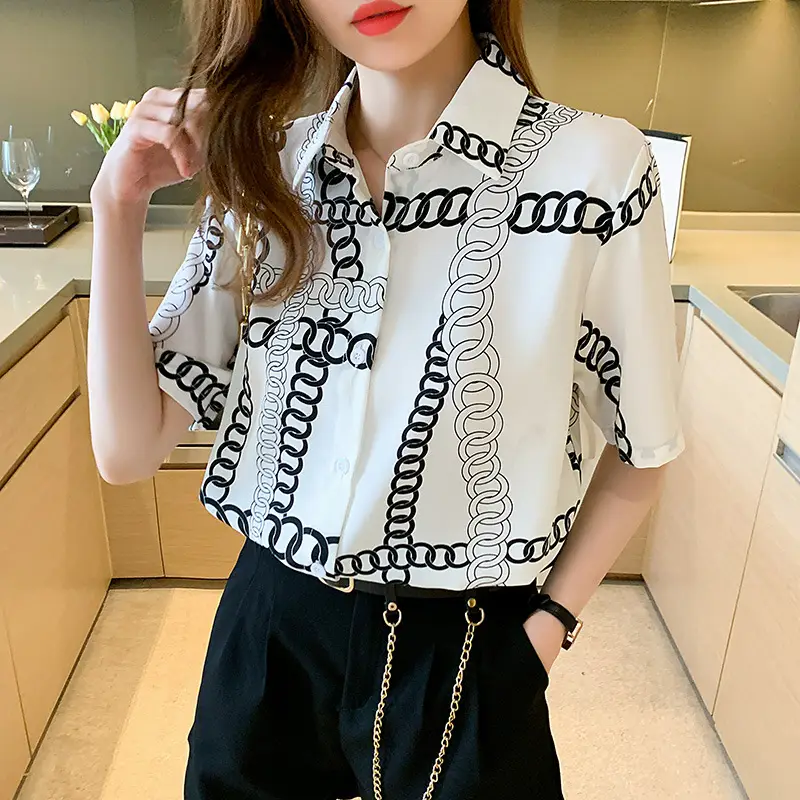 French Style Black Chiffon Long Sleeve Shirt with White Chain Print - Image 6
