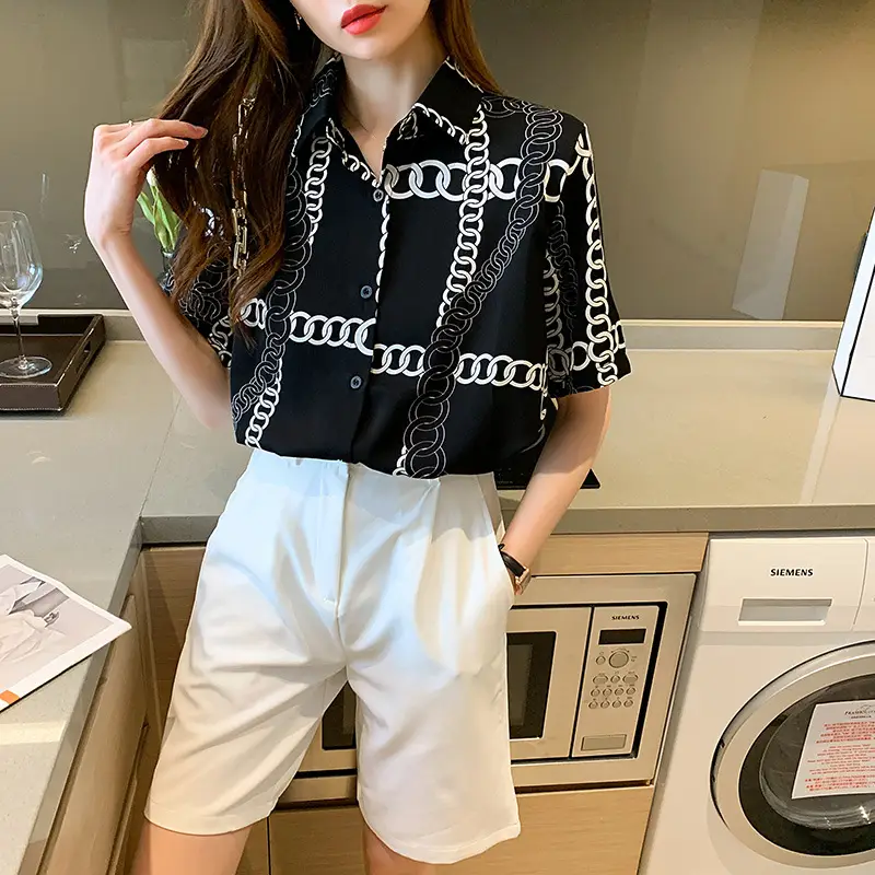 French Style Black Chiffon Long Sleeve Shirt with White Chain Print - Image 7