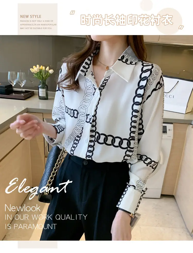French Style Black Chiffon Long Sleeve Shirt with White Chain Print — feature 1