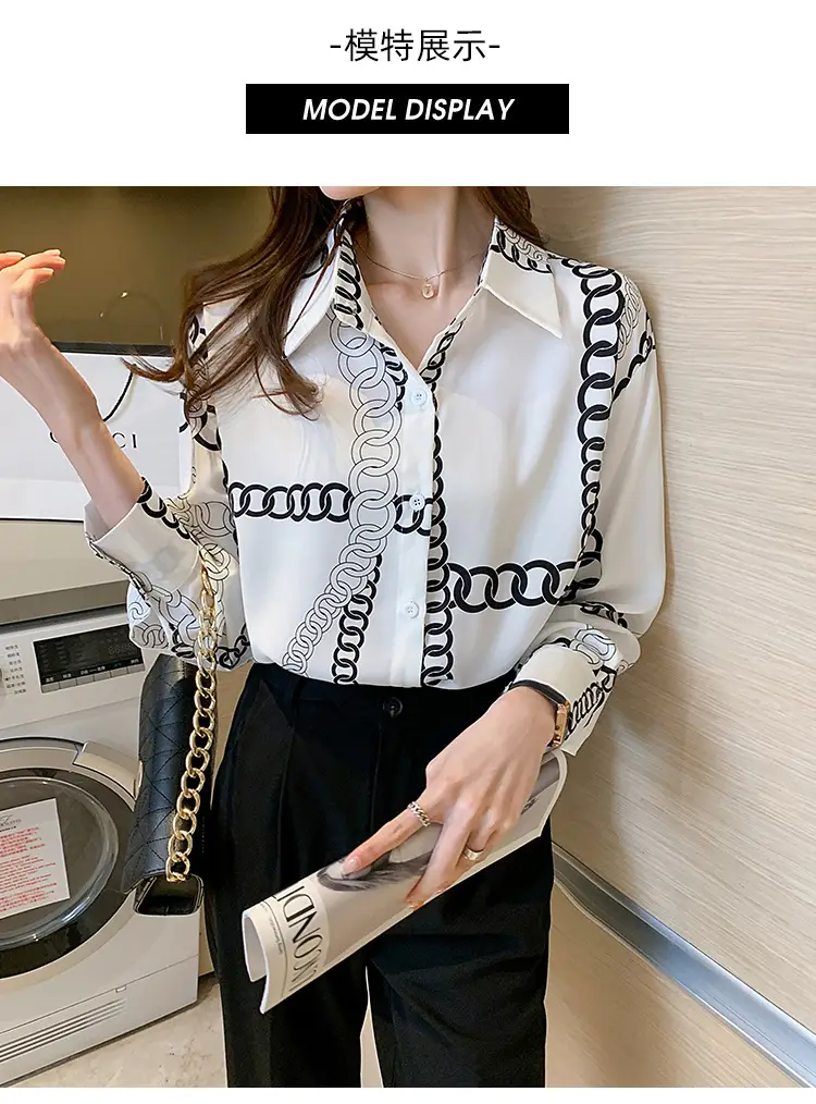 French Style Black Chiffon Long Sleeve Shirt with White Chain Print — feature 12