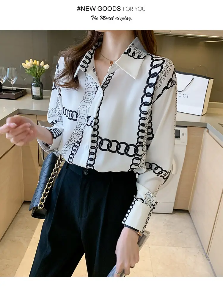 French Style Black Chiffon Long Sleeve Shirt with White Chain Print — feature 13