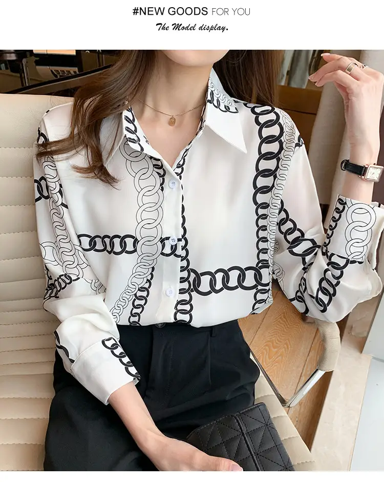 French Style Black Chiffon Long Sleeve Shirt with White Chain Print — feature 14