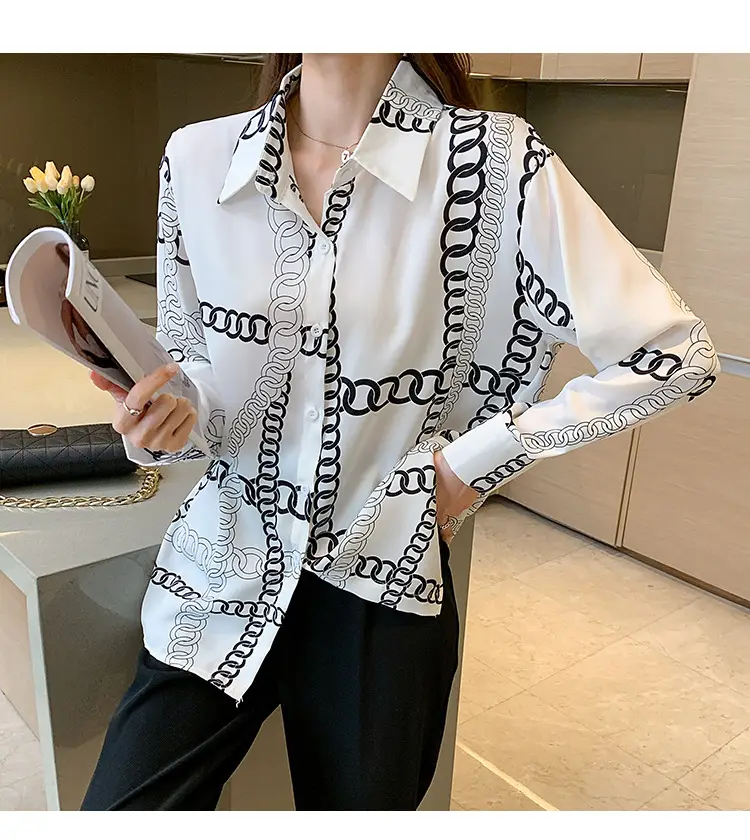 French Style Black Chiffon Long Sleeve Shirt with White Chain Print — feature 15
