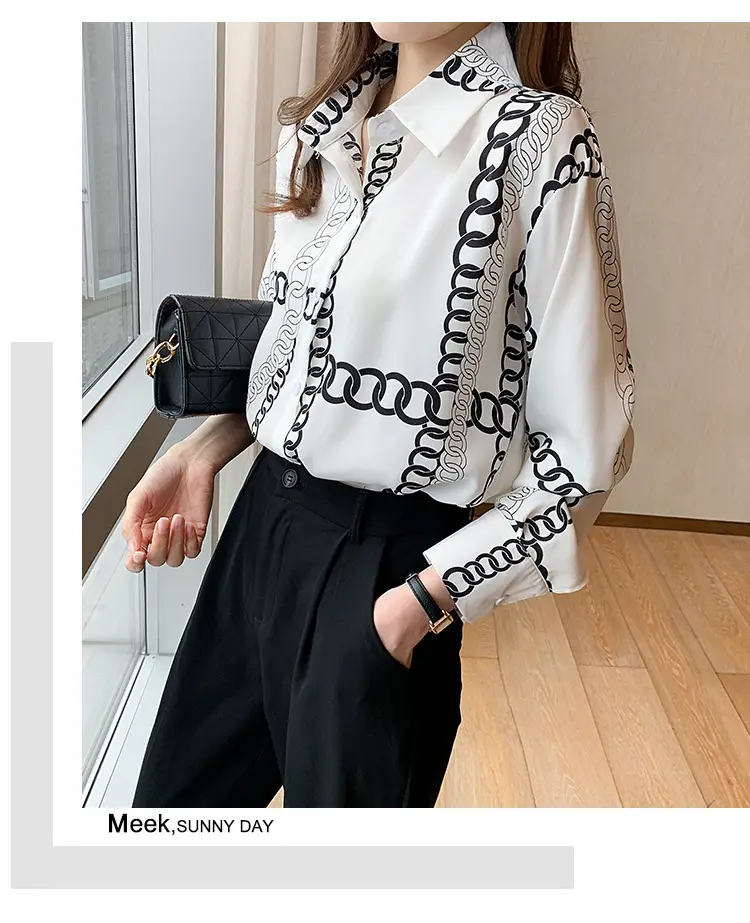 French Style Black Chiffon Long Sleeve Shirt with White Chain Print — feature 16