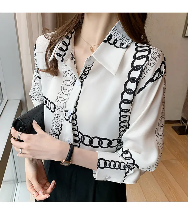 French Style Black Chiffon Long Sleeve Shirt with White Chain Print — feature 17