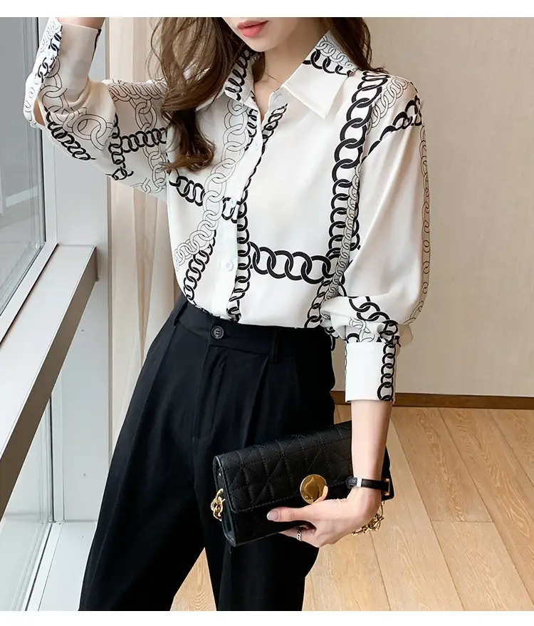 French Style Black Chiffon Long Sleeve Shirt with White Chain Print — feature 18