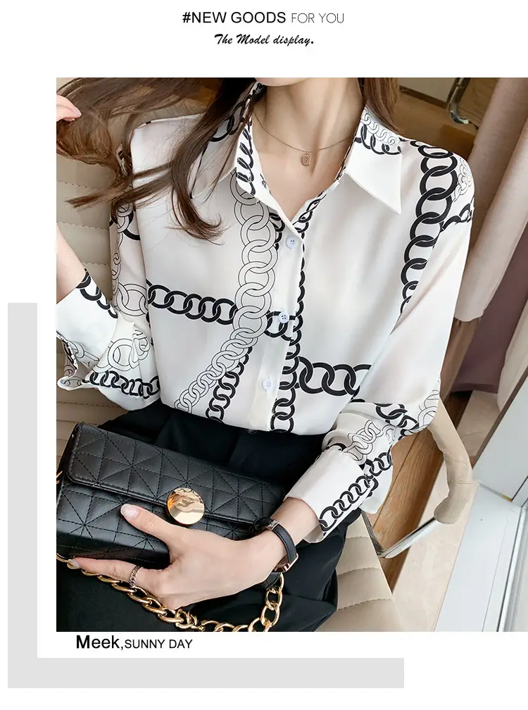 French Style Black Chiffon Long Sleeve Shirt with White Chain Print — feature 19