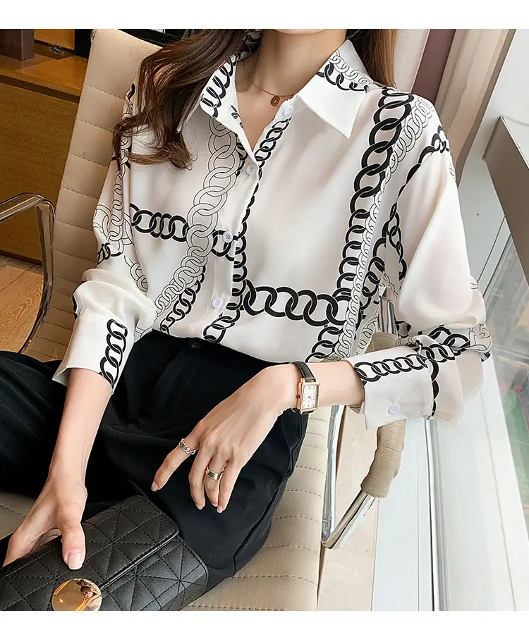 French Style Black Chiffon Long Sleeve Shirt with White Chain Print — feature 20