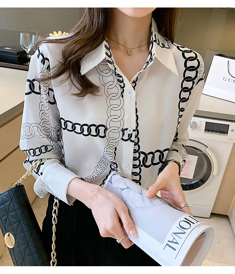 French Style Black Chiffon Long Sleeve Shirt with White Chain Print — feature 21