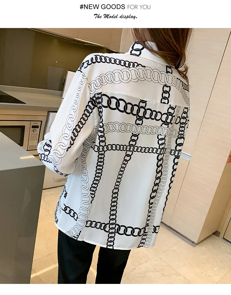 French Style Black Chiffon Long Sleeve Shirt with White Chain Print — feature 22