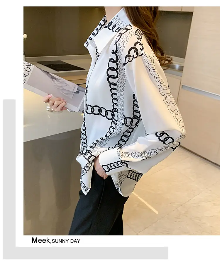 French Style Black Chiffon Long Sleeve Shirt with White Chain Print — feature 23
