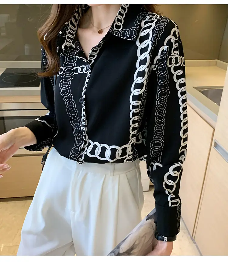 French Style Black Chiffon Long Sleeve Shirt with White Chain Print — feature 24