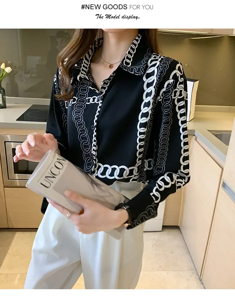 French Style Black Chiffon Long Sleeve Shirt with White Chain Print — feature 25