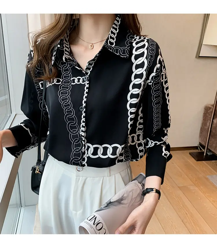 French Style Black Chiffon Long Sleeve Shirt with White Chain Print — feature 26
