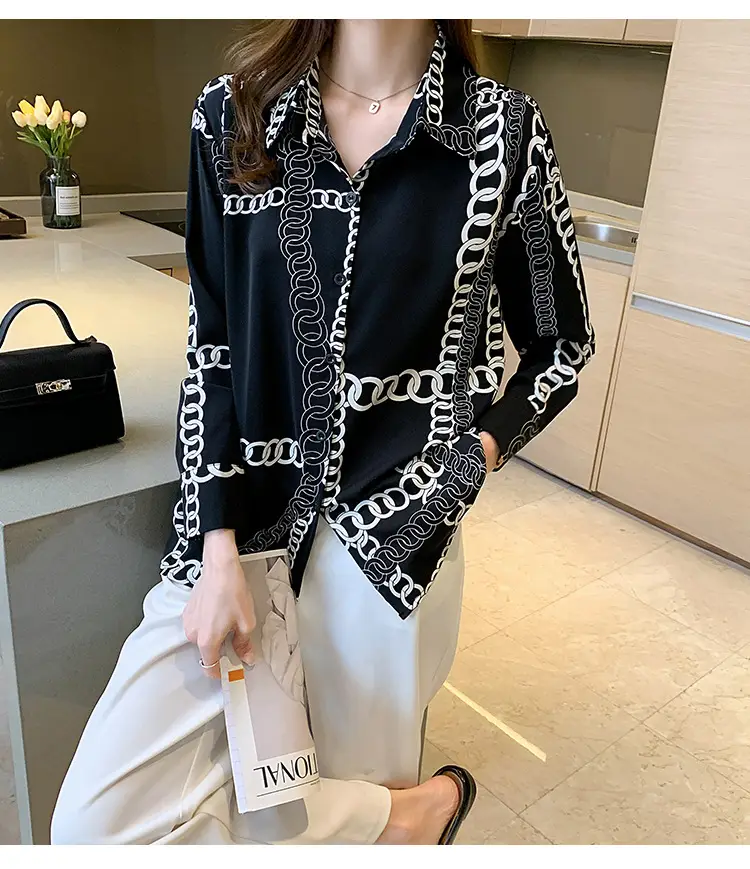 French Style Black Chiffon Long Sleeve Shirt with White Chain Print — feature 27